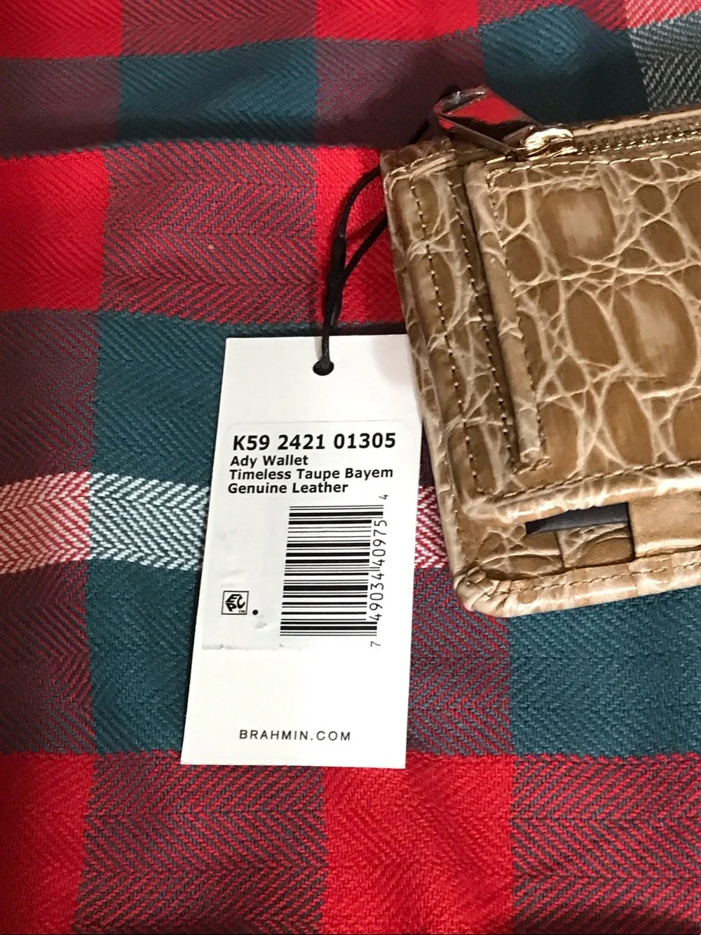 Brahmin Beige Croc-Embossed Trifold Wallet with Metal Logo